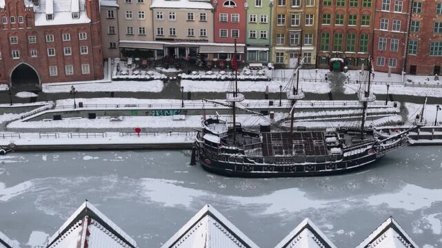 Aerial view of the beautiful main city in Gdansk at winter, Poland