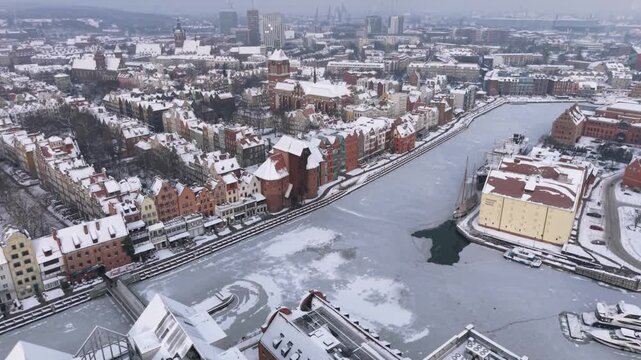 Aerial view of the beautiful main city in Gdansk at winter, Poland