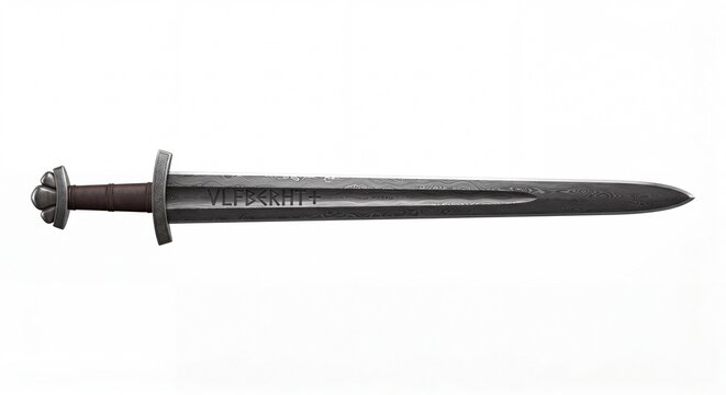 An authentic medieval Viking sword with a dark wooden hilt isolated on a white studio background.