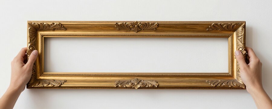 Vintage golden Art Deco picture frame with ornate filigree mounted on clean white gallery wall for artwork display