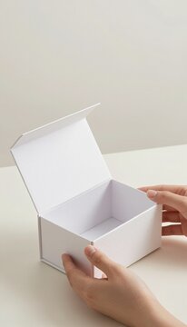 Elegant white textured gift box partially open on clean minimalist studio background with negative space