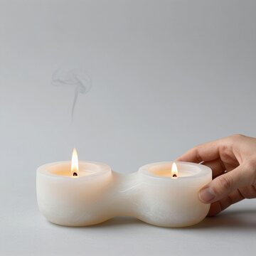 Sculptural alabaster candle holder with realistic flickering flame and smoke trails against seamless studio backdrop