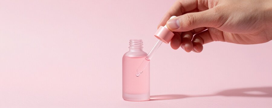 Sleek pink glass facial oil bottle with dropper pipette on soft matte background for beauty product mockup