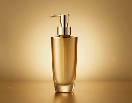 Luxurious golden cosmetic pump dispenser bottle centered against seamless radiant gold background with elegant bokeh