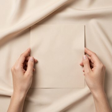 Flat lay beige silk fabric texture with soft natural folds for elegant product placement mockup