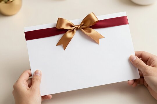 Pristine white certificate template with elegant luxury gold and crimson ribbon bow on soft textured surface