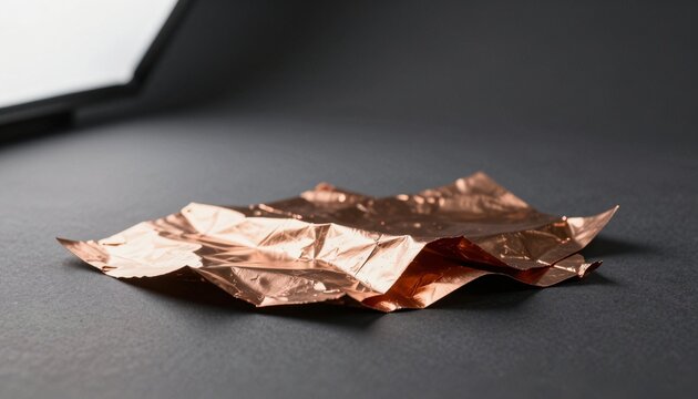 Crumpled metallic copper foil sheets scattered on deep charcoal matte surface with negative space for typography