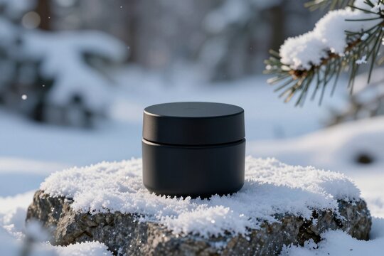 Sleek black cylindrical cosmetic container centered on frost-covered stone slab in serene winter forest clearing with soft volumetric snowfall