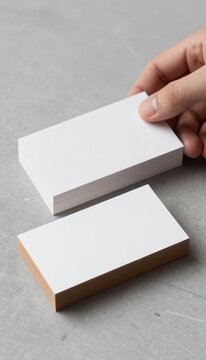 Neat stack of blank white business cards with rich brown textured edges on polished grey marble surface