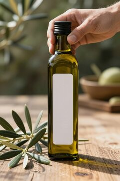 Premium glass olive oil bottle with blank label and fresh green branches on rustic wooden table