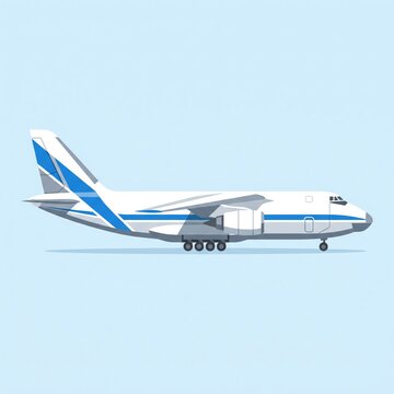 A minimalist illustration of a white and blue airplane flying in a clear sky. The plane is shown in profile with simple, clean lines, indicating modern air travel.	