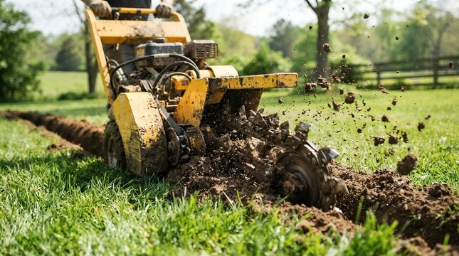 Industrial walk-behind trencher digging narrow ditch in green lawn, heavy duty trenching machine for utility installation, landscaping equipment