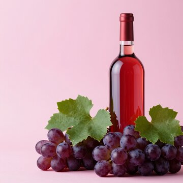 Close-up red glass wine bottle among ripe purple grapes and green leaves on soft pink background