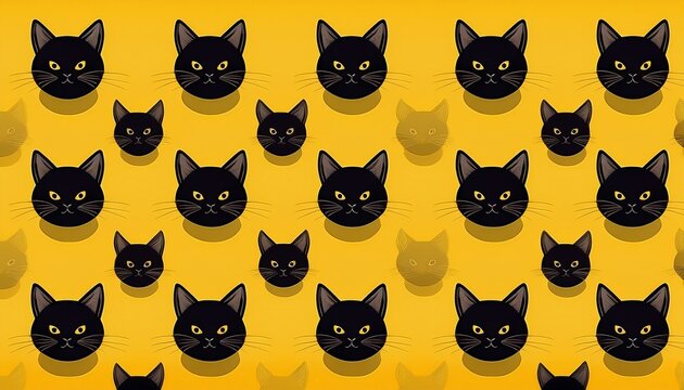 graphic design featuring a repeating pattern of black cat silhouettes on a bright yellow background backdrop