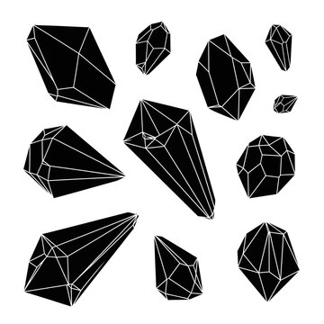 Abstract geometric crystal shapes, black polygons with wireframe outlines on transparent background