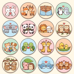 Obraz premium Funny Cartoon Animal Zodiac Signs Set, Cute Vector Icons and Seamless Pattern Illustration with Cat, Dog, Lion, Pig and Nature Symbols for Wallpaper Design