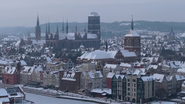 Aerial view of the beautiful main city in Gdansk at winter, Poland
