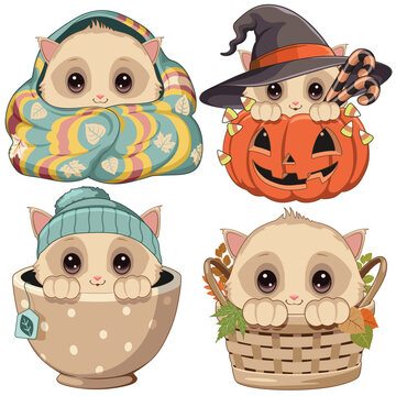 Cute Autumn Kitten Kawaii Style with Cozy Blanket, Pumpkin, Teacup and Basket, Set of 4 Adorable Halloween Vector Elements
