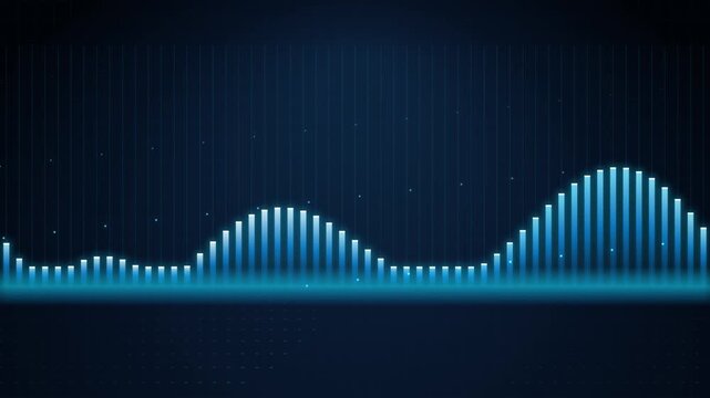 Digital Audio Waveform Visualizer with Glowing Blue Bars and Particle Effects on Dark Background Moti