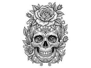 Fototapeta premium Decorative Sugar Skull Art with Roses and Intricate Botanical Elements.