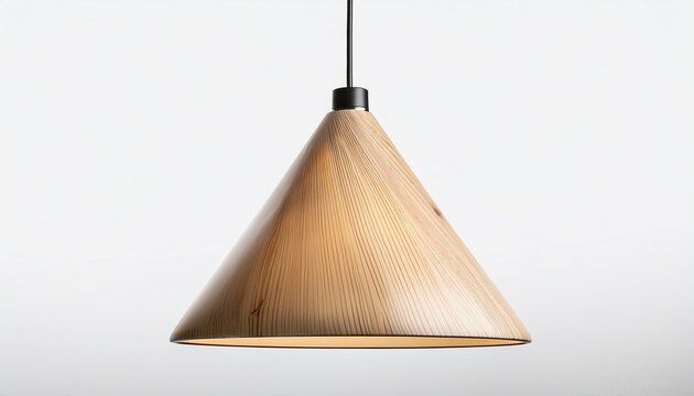 modern minimalist pendant lamp with a conical frosted glass shade and a light wood accent top hanging from a black cord isolated on white background