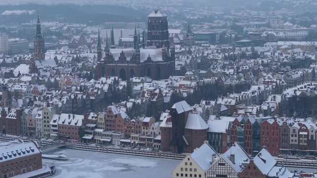 Aerial view of the beautiful main city in Gdansk at winter, Poland