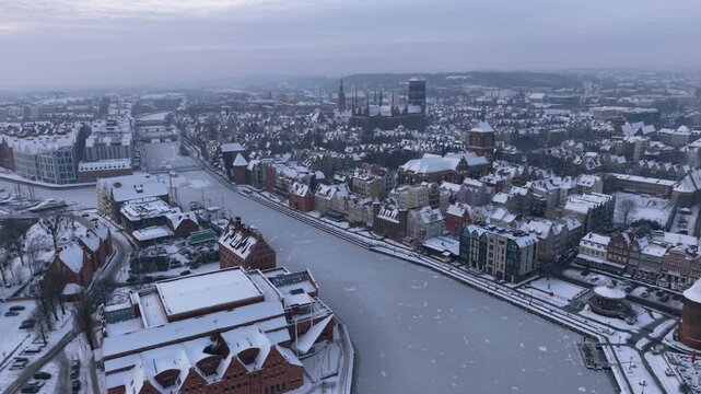 Aerial view of the beautiful main city in Gdansk at winter, Poland