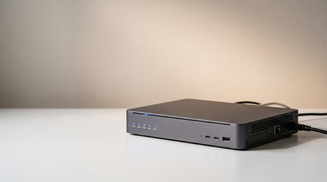 Modern network router and mini pc device on white desk