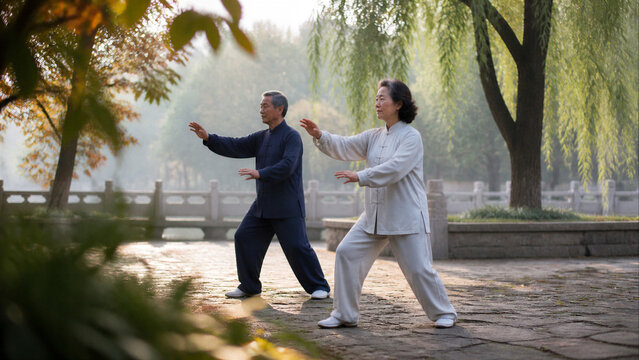 Senior couple practices tai chi outdoors in a park. They stand gracefully in traditional Chinese clothing during their morning exercise.