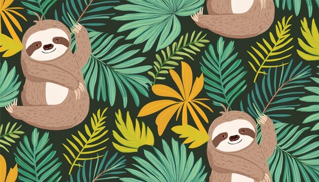 hand drawn seamless pattern with cute sloths and tropical palm leaves perfect for textile wallpaper or print design