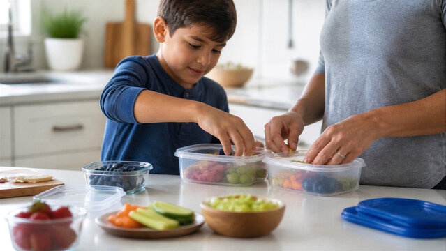 A boy and a woman pack healthy snacks into plastic containers in a bright kitchen. Colorful fruits and vegetables are prepared for school lunchboxes.