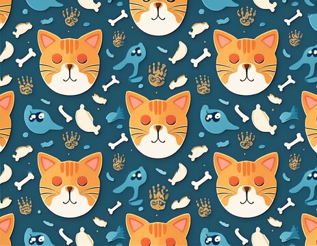 international cat day celebration graphic featuring cute feline faces and fish bone pattern background design