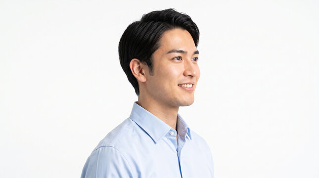 エグゼクティブ秘書の日本人男性のポートレート（希望に満ちた横顔・白背景）