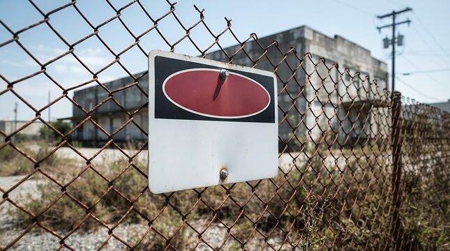 Abandoned industrial warehouse behind rusty chain link fence, blank warning sign on metal perimeter, derelict urban factory building in decay