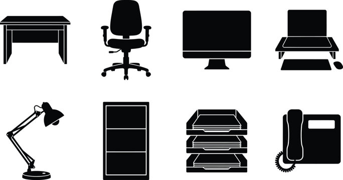 Office Equipment Icon Set Featuring Desk Chair Computer Lamp Cabinet Paper Trays and Telephone 