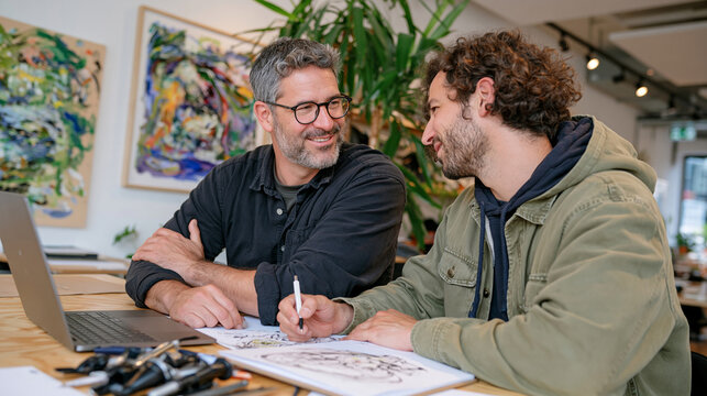 A cybersecurity trainer teaches a newcomer at a typography studio workbench in rain soaked afternoon light, a set of specialized layout tools spread between them, the intergenerational knowledge tra