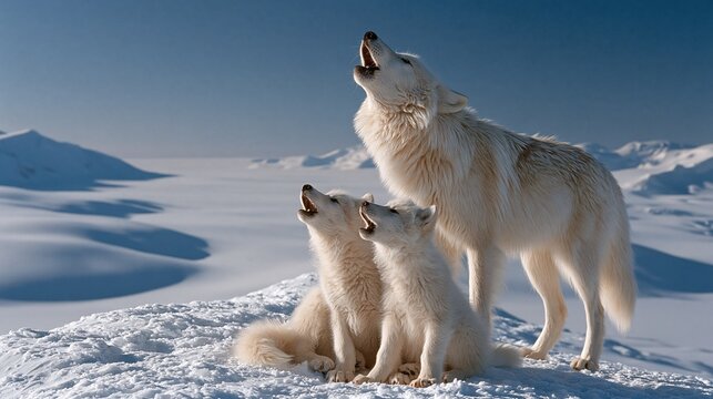 Three howling white arctic wolves one adult two cubs howling together on snowy arctic mountain under clear blue sky showing wild pack nature