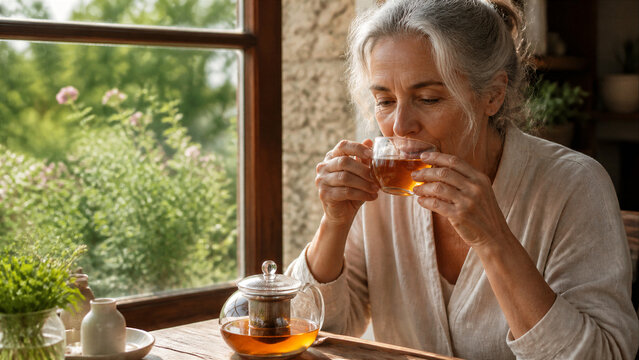 Mature woman sips herbal tea in a glass cup by a window. A teapot rests on a wooden table with lush greenery outside. This scene evokes calm and a healthy wellness routine.