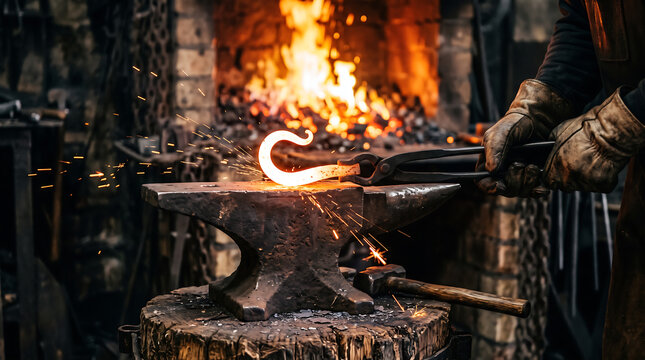 Blacksmith shaping glowing hot metal with tongs on an anvil in a workshop
