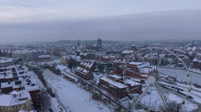 Aerial view of the beautiful main city in Gdansk at winter, Poland