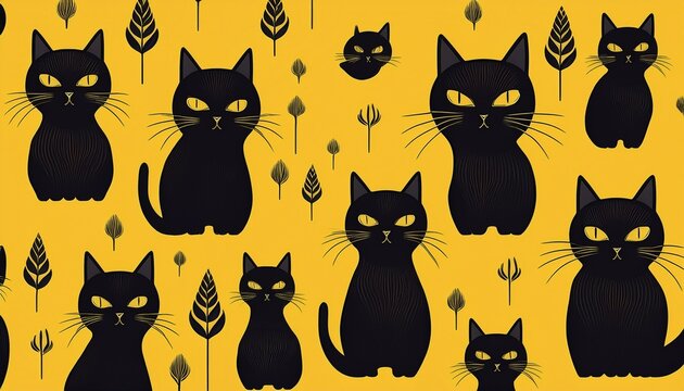 international cat day celebration graphic featuring a repeating pattern of black feline silhouettes on yellow