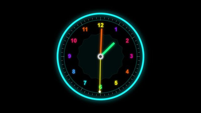 Luminous Vector Clock Face with Colorful Hands on a Dark Background