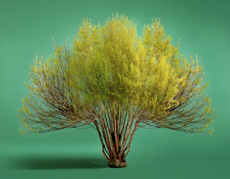 salix caprea goat willow tree shrub and pollarded form with spring green foliage and bare yellow twigs isolated on light green background