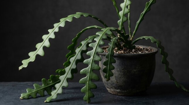 Close detail of a fishbone cactus with undulating stems in a dark ceramic pot on black surface