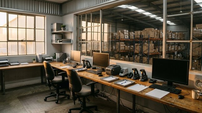 Warehouse Office Bathed in Early Morning Light, Empty Workspace Interior