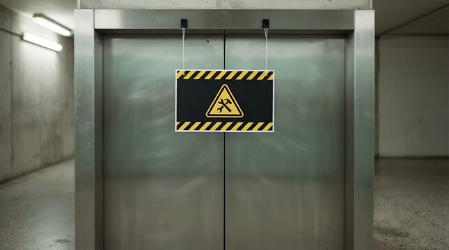 Industrial elevator under maintenance with warning sign, stainless steel lift doors out of service, technical repair concept in modern building
