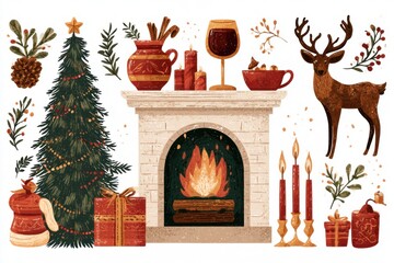 Fototapeta premium Cozy Christmas Holiday Fireplace Tree Gifts Deer Candles Vector