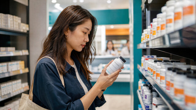 Woman reading label on medicine bottle while shopping in pharmacy. Asian customer choosing supplements from shelf in drugstore.