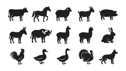 Obraz premium Farm Animal Silhouettes Collection: A collection of black silhouettes featuring various farm animals including cow, horse, sheep, goat, pig, donkey, buffalo, llama, rabbit, rooster, duck, goose.