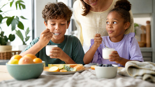 Two kids eating yogurt with spoons at kitchen table while smiling woman watches them. Happy family breakfast with fresh fruit in bright modern home.